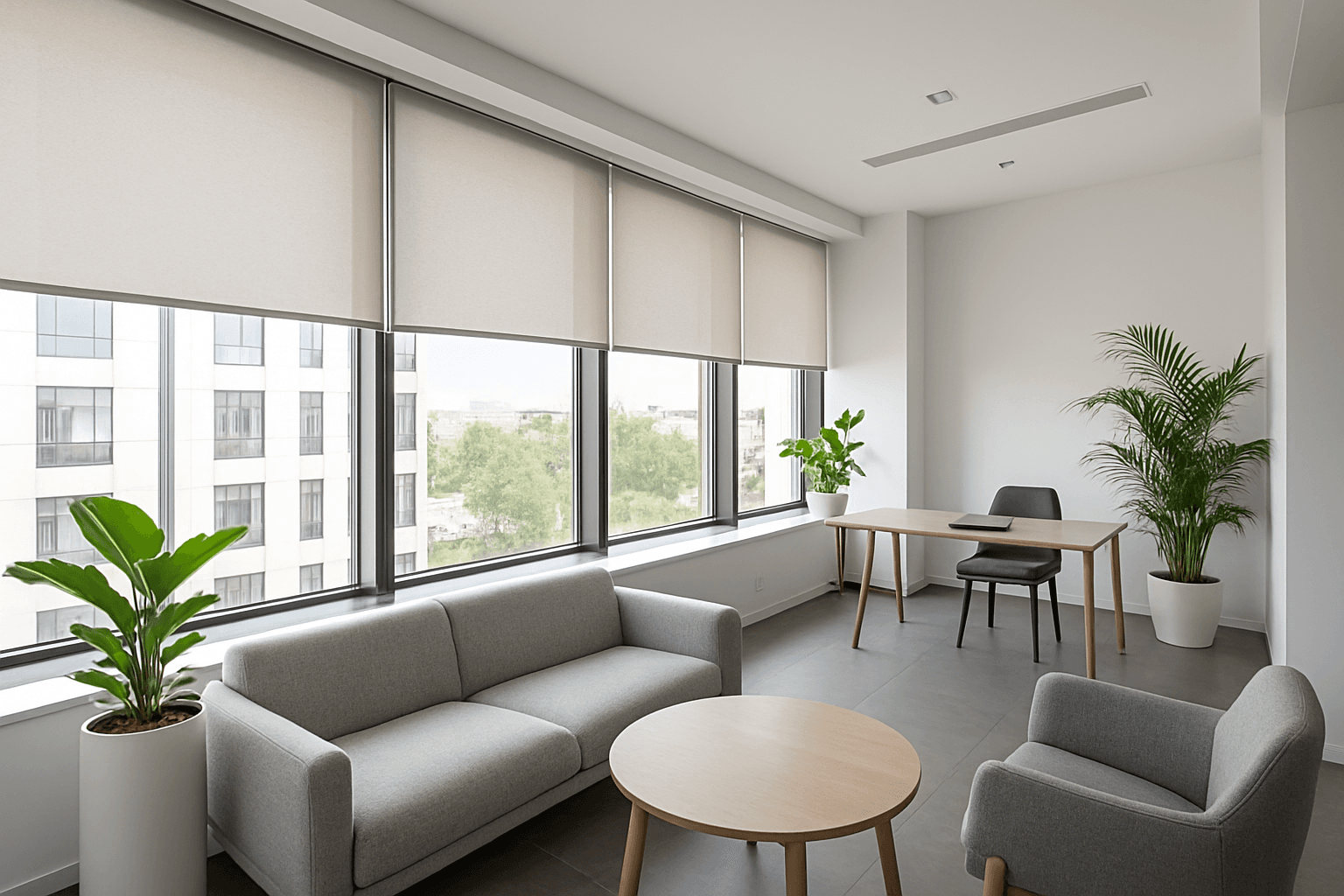 Modern lounge showcasing ArtLine roller blinds with soft daylight